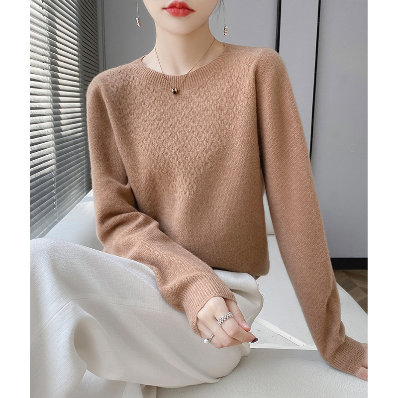 First-line Ready-made100%Pure Wool Women's Autumn And Winter Round Neck Short Hollow Loose Pullover Knitted Bottoming Sweater