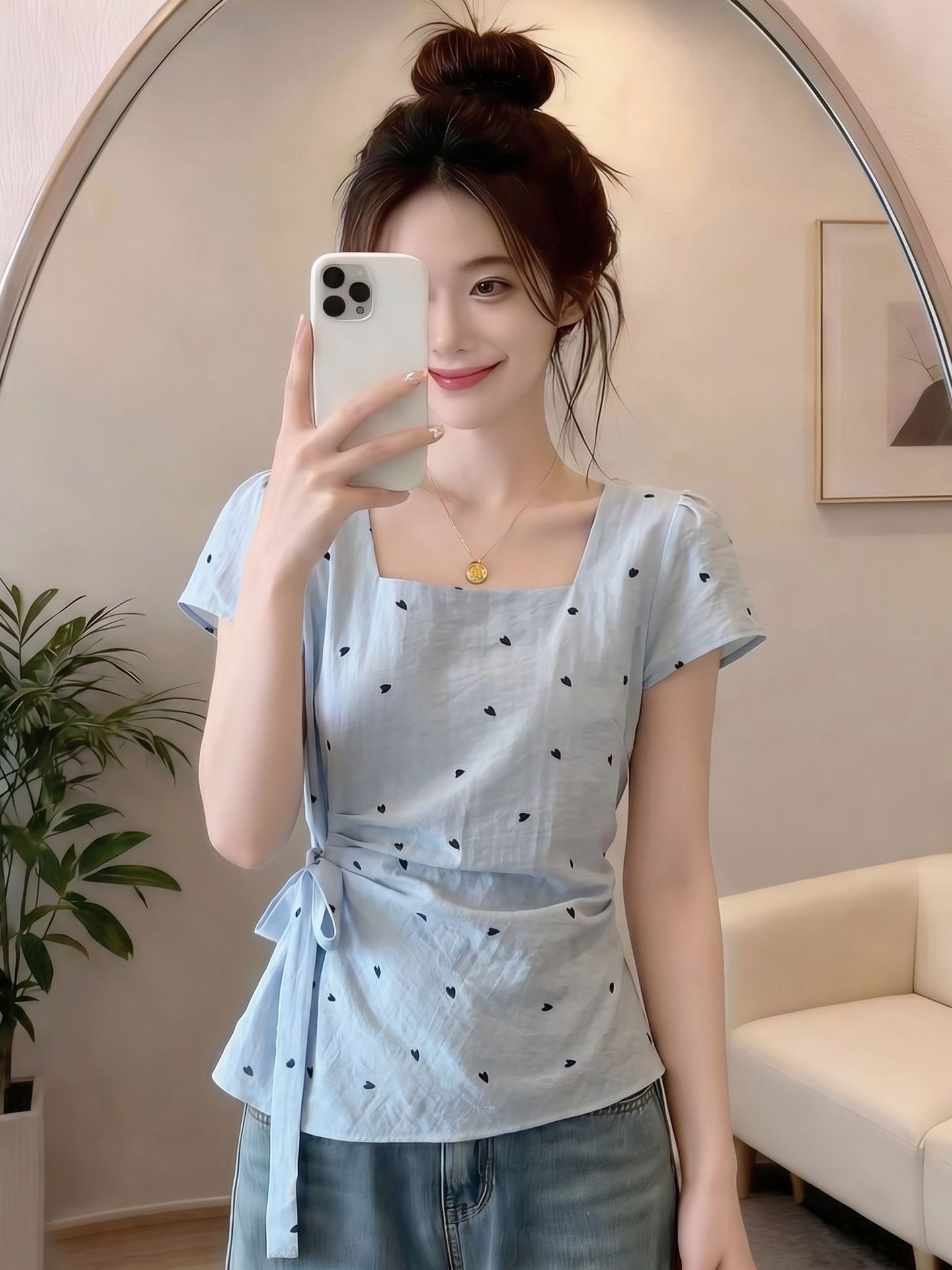 Áo sơ mi nữ cổ vuông in hình trái tim, tay ngắn, phong cách Hàn Quốc, dáng suông tôn dáng — xanh lam