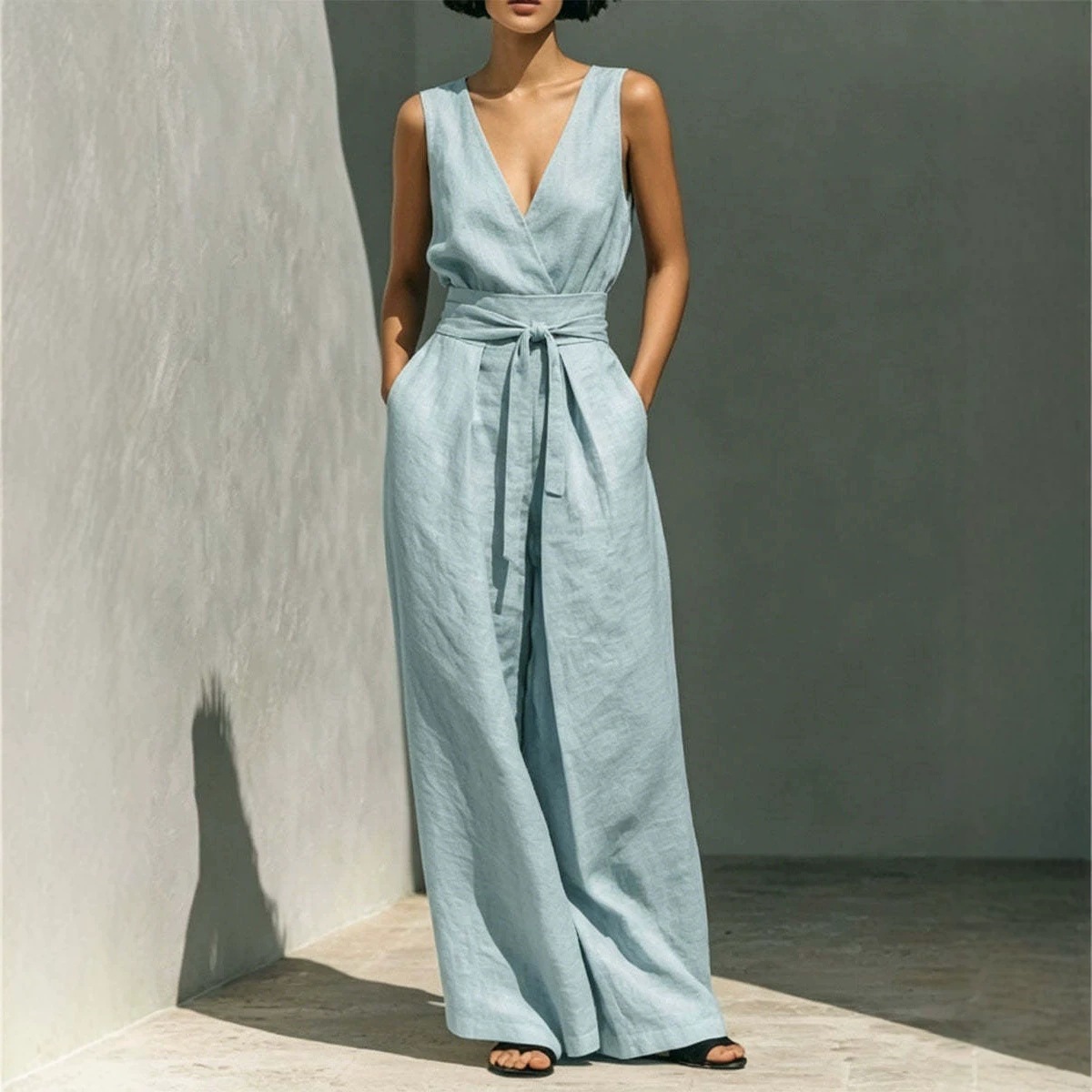 Women's Clothing Summer Fashion Casual Two Piece Set Sleeveless Vest High Waisted Wide Leg Pants For Women For Formal & Casual For Women_ecoleips.com