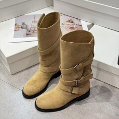 欧洲站女靴2025新款真皮复古骑士靴皮带扣中筒靴