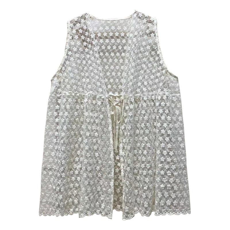 Dulce fresco bordado color sólido camisa hueca suelta casual apilado sin mangas encaje Top cardigan todo-juego