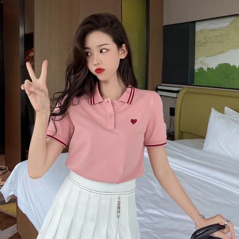 plus size Polo Shirt Short-sleeved T-shirt Women's Lapel Sports Top Embroidered Summer Thin Loose Slimming All-match Top