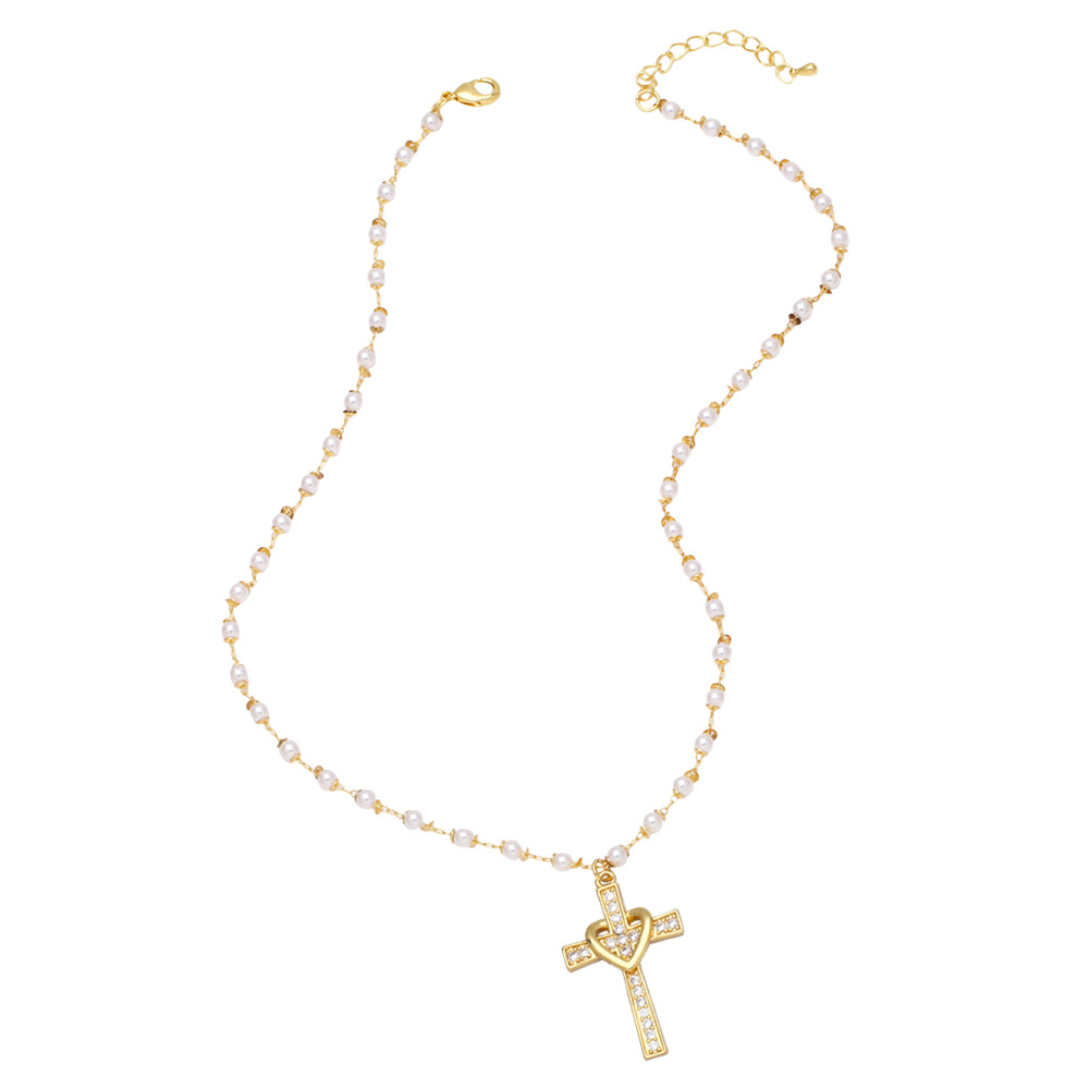 New Personality Virgin Jesus Cross Necklace Feminine Pearl Copper Clavicle Chain display picture 3
