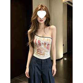 0支人棉+水印】夏季新款修身美式复古收腰印花斜肩上衣