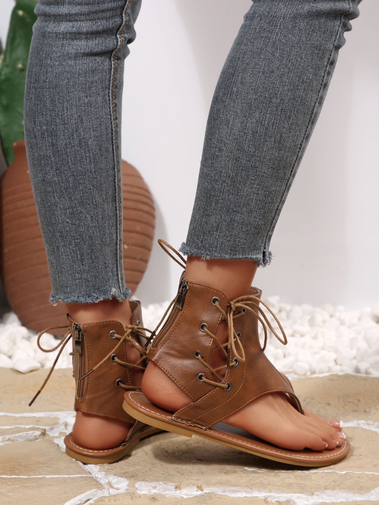 Women's Vintage Retro Flip Flops, Flat Sandals With Back Zipper_voghion.com