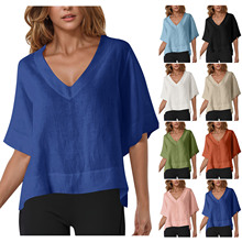 亚马逊欧美跨境外贸爆品女士休闲纯色棉麻V领套头短袖舒适透气