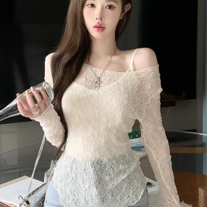 Lace See-Through Round Neck Long-Sleeved T-Shirt for Women, Summer Design, Slim Fit, Sexy Hot Girl Style, Irregular Sun Protection Top