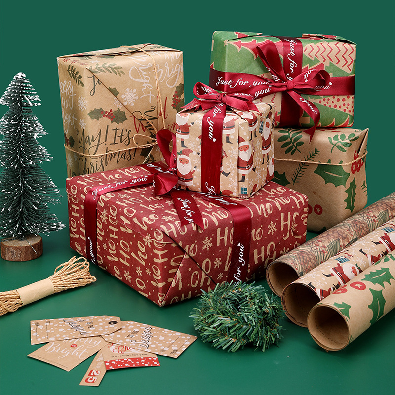 Papel de regalo navideño retro de papel kraft con diseño de copos de nieve, lunares y estrellas de cinco puntas, papel de regalo blanco especial para cajas de regalo, venta al por mayor