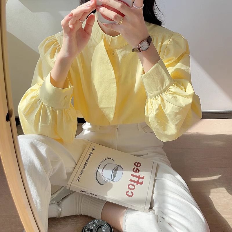 Cotton Milky yellow long-sleeved shirt for women 2024 spring Western style puff sleeve top design white shirt thin