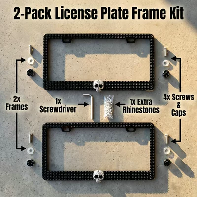 American Standard Universal Rhinestone-Studded Stainless Steel Car License Plate Frame, Diamond-Encrusted Skull Style License Plate Frame, Rhinestone Acrylic License Plate Frame (License plate holder/license plate holder) - skull-black