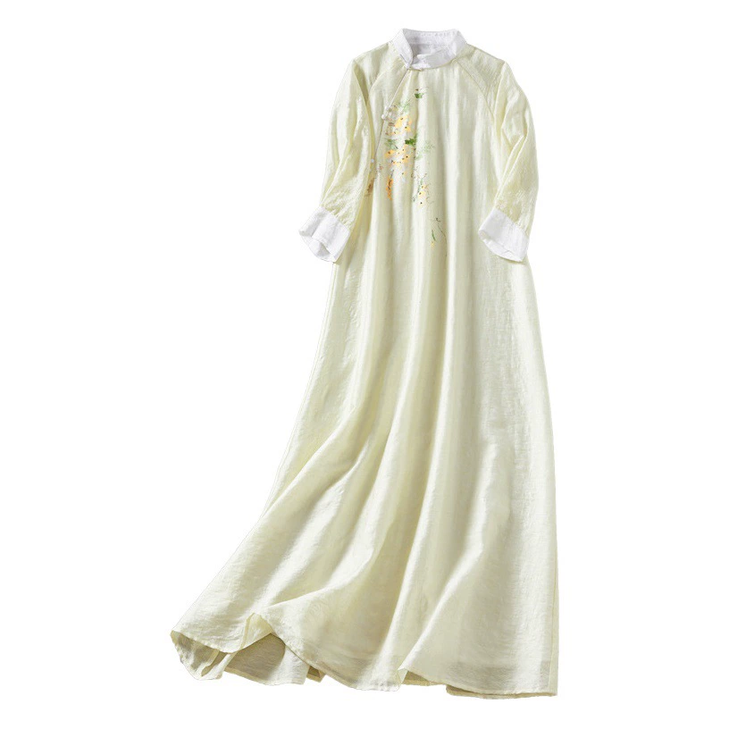 Qing Shuzhai 2023 Женское чайное платье дзен, новое платье в китайском стиле, ретро с ручной росписью, Повседневное платье миди