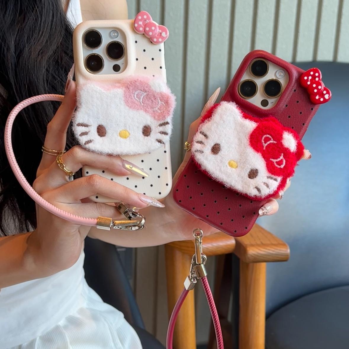新款毛绒立体kt猫手机壳带手绳适用iphone16promax苹果15保护套女