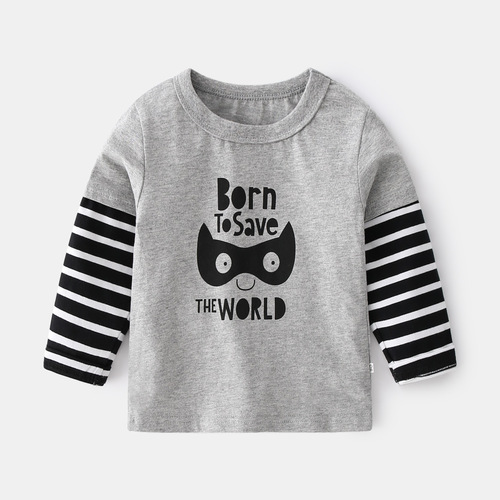 Spring new children's striped splicing long-sleeved T-shirts and four crew-neck shirts with cute bat mask prints