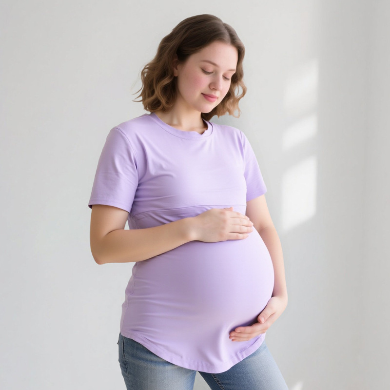 夏の辛いお母さんの妊婦の半袖のtシャツの純綿のファスナーの授乳服の家庭の底のシャツの欧米の大きいサイズは現物を提供します。|undefined