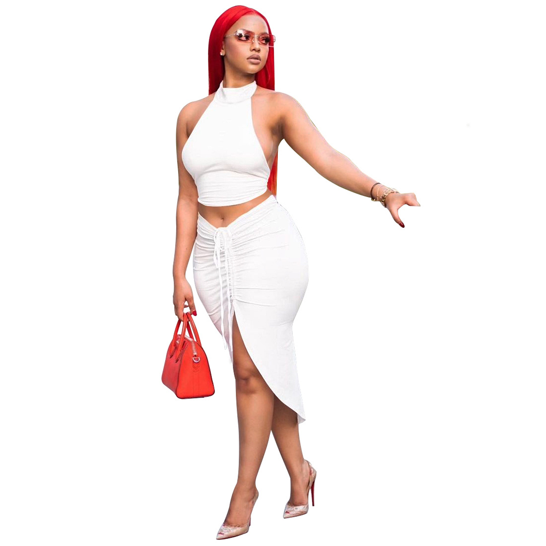 Summer Women Clothing Solid Color round Neck Cropped Backless Top Drawstring Mid Length Dress Set