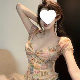 复古油画感小碎花领短袖上衣夏季新款纯欲绝美网纱边辣妹恤