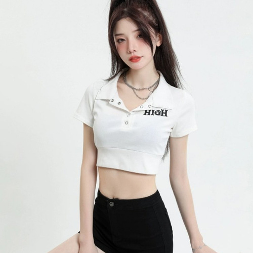 Ins personality pure desire spicy girl retro polo collar button short-sleeved straight-shoulder T-shirt women's slim-fit short crop top for women