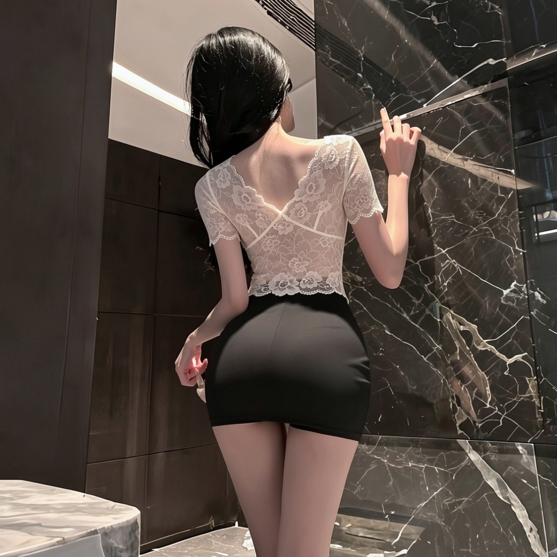 Deep V Lace Secretary Lingerie Set with Sheer Top, Mini Skirt and Thong — detail image 4