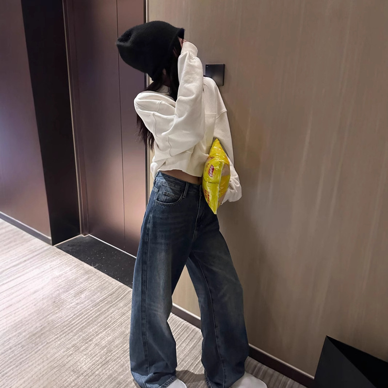 Version of Niu Niu's Leg-free Water-washed Blue Jeans Straight-tube Version of Legs that are not Fat or Thin