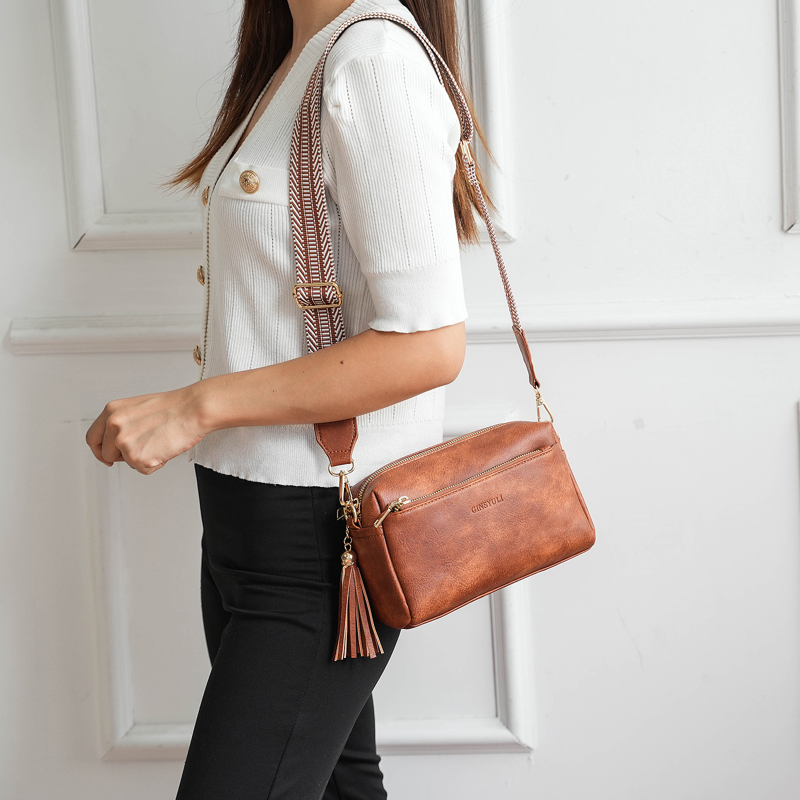 New Women's Crossbody Three Zipper Mobile Phone Leather Handbag Guitar Strap Shoulder Bag_voghion.com