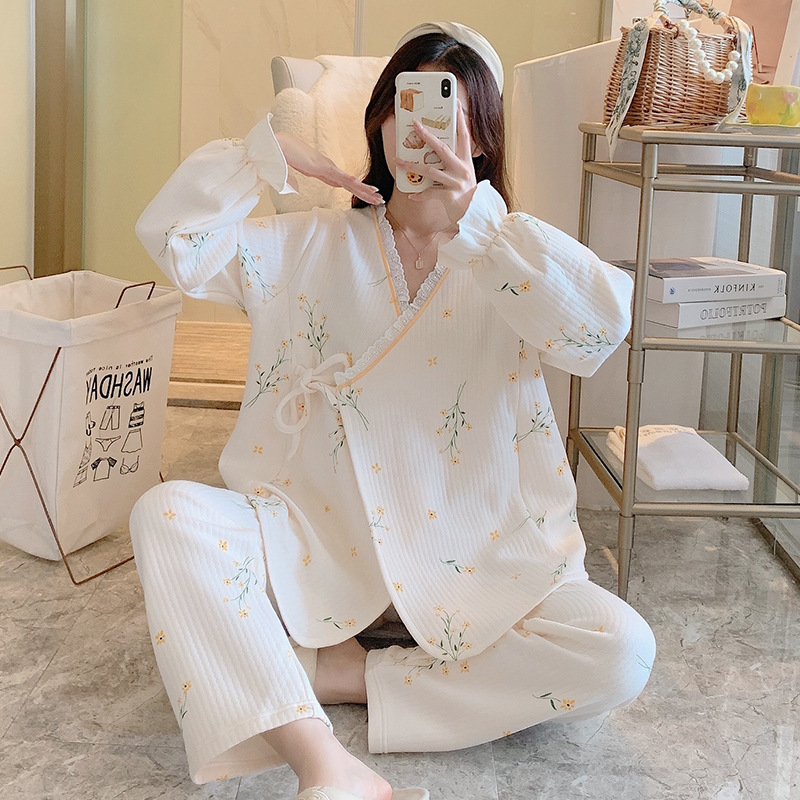 Pure Cotton Layered Autumn and Winter Air Cotton Maternity Pajamas for Breastfeeding, Thickened Home Wear Two-Piece Set