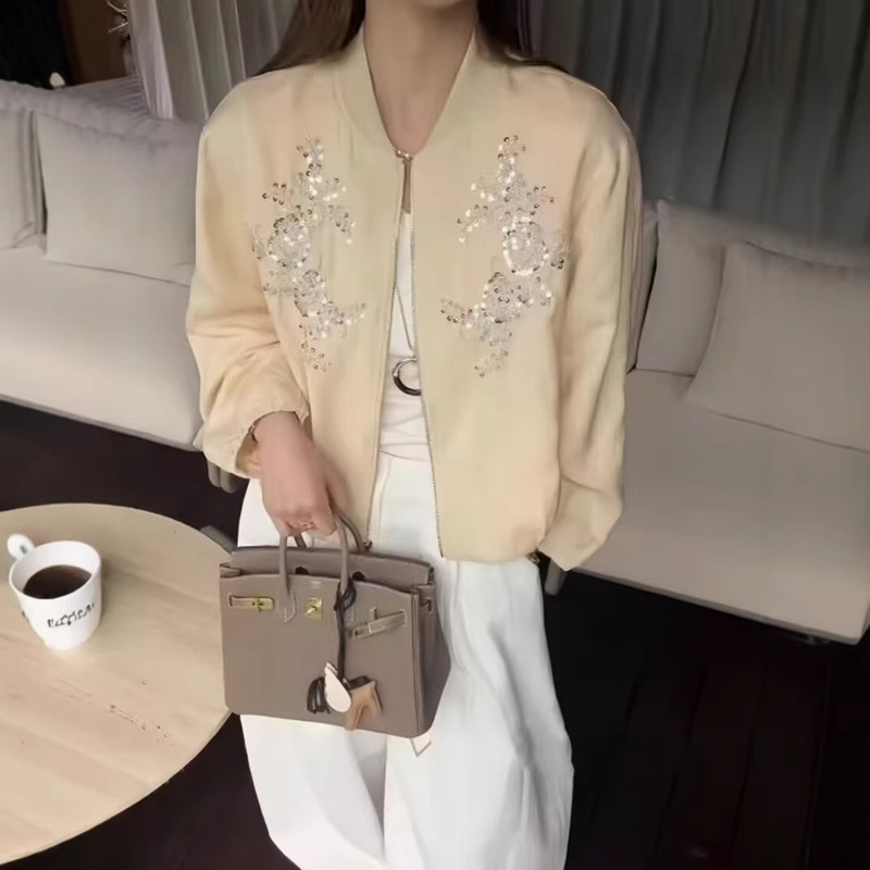 Heavy Sequined Stand-Collar Jacket for Women, 2026 Spring New European Style High-End Fashion Baseball Jacket Top