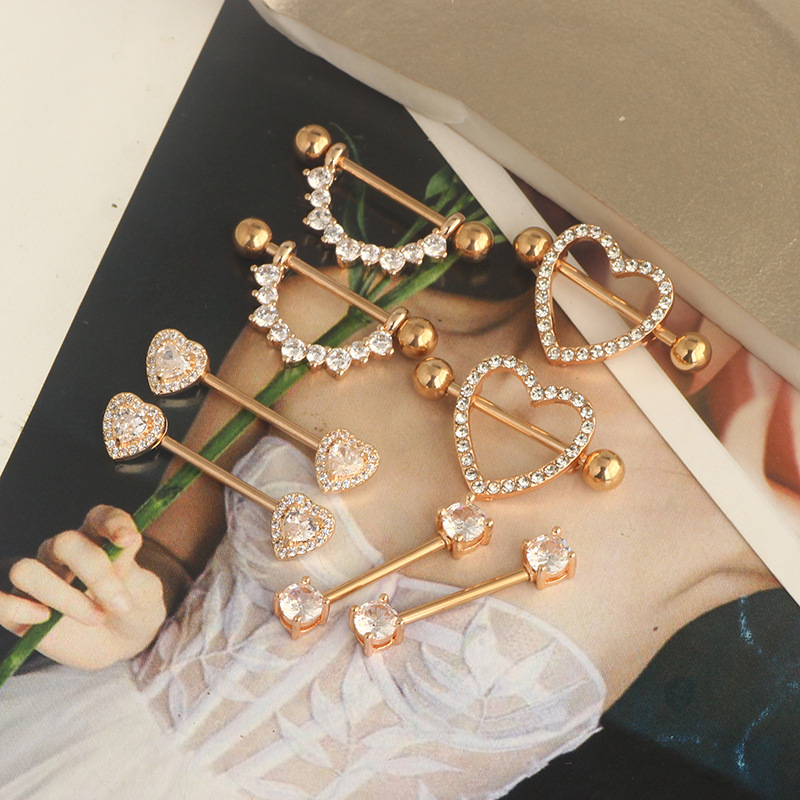 Rose Gold 4 Pairs Breast Ring Set Stainless Steel Zircon Diamond-embedded Nipple Jewelry Wholesale detail image 7