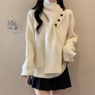 韩系秋冬新款可拆卸围脖毛衣女设计感针织衫独特超好看百搭上衣女