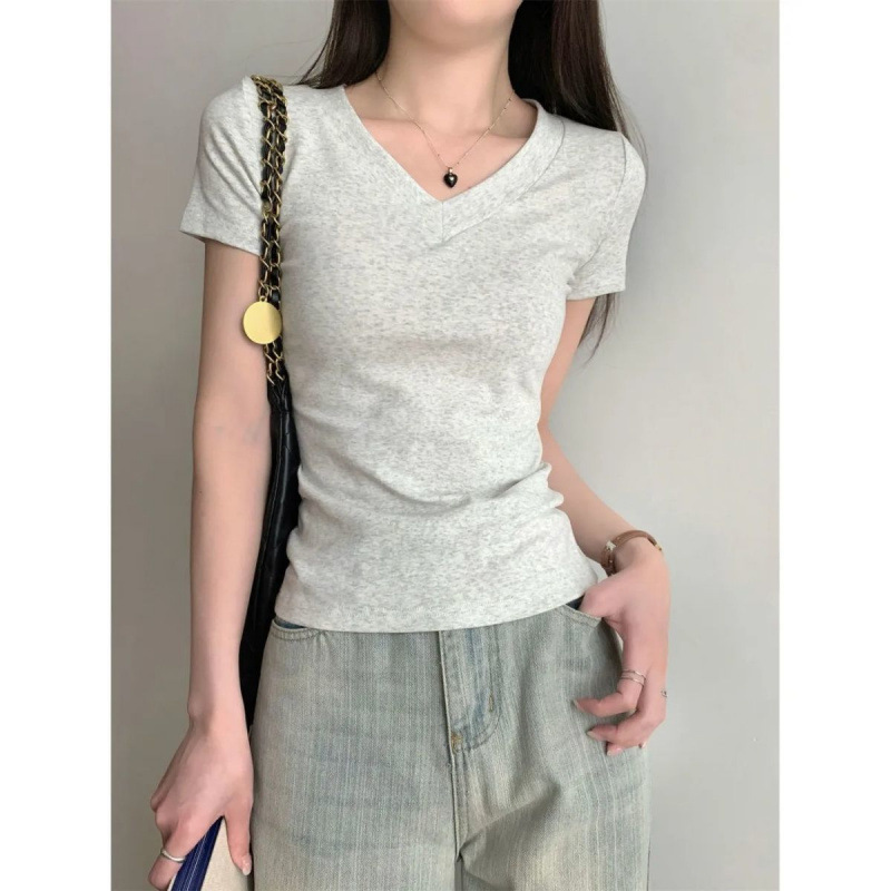 モーダルアイスシルク Tシャツレディース夏右肩 V ネック半袖スリムフィット弾性糸無地ボトムシャツトップ|undefined