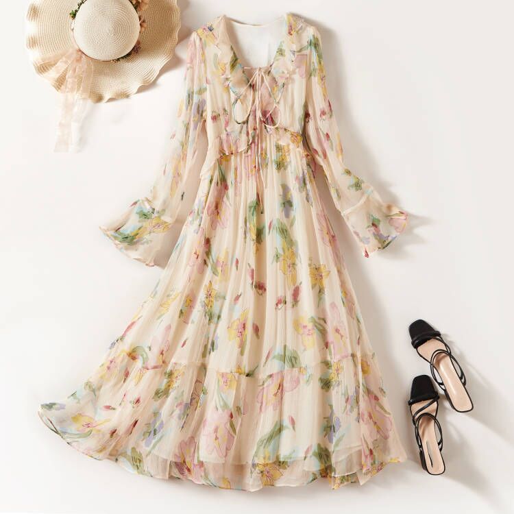 Barbour Women Silk dress High Quality Printed Long Sleeve Mulberry Silk Beach Dress 85024 Barbour Women Silk dress High Quality Printed Long Sleeve Mulberry Silk Beach Dress 85024