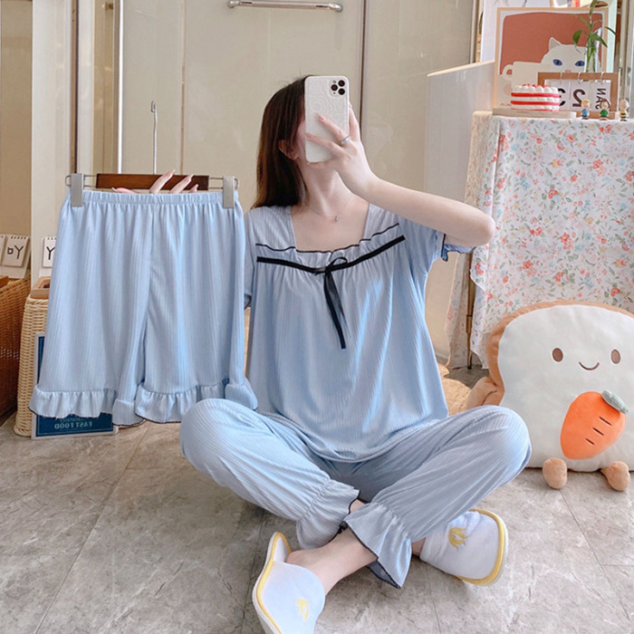 2023 pijamas traje de tres piezas de verano para niñas color sólido coreano dulce lindo verano Delgado estilo ins ropa para el hogar