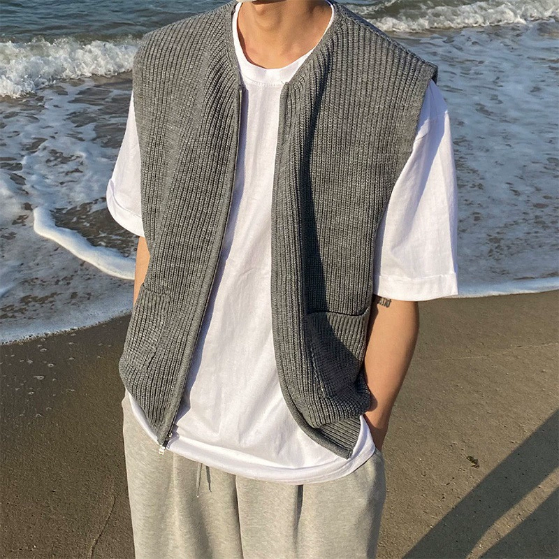 Свободный японский свитер-жилет мужской осенний Новый Модный персонализированный Жилет в студенческом стиле вязаный кардиган на молнии пальто