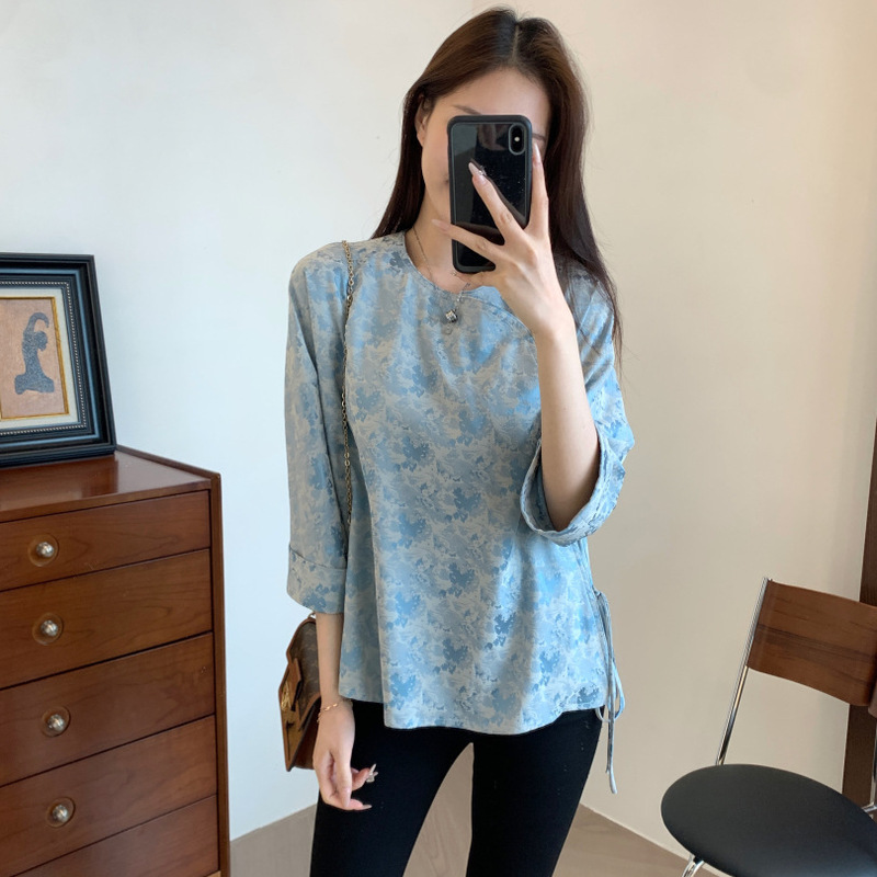 No Late Spring, Fresh and Elegant New Chinoiserie Drape Satin Jacquard Texture One-Piece 8-Quarter Sleeve Top Shirt