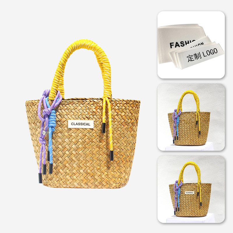 Customized Logo Woven Dopamine Straw Bag Colorfulful Pendant Handwoven Handbag Seaside Vacation Beach Bag