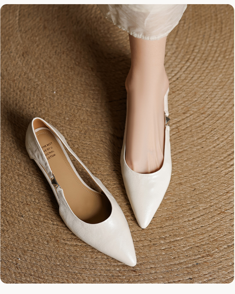Sandal nữ da cừu mũi nhọn gót thấp hở mũi kiểu Hàn Quốc — đen chi tiết 10