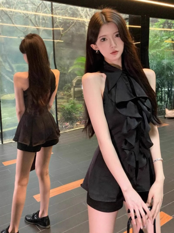 白色荷叶边polo领无袖衬衫上衣女夏季法式气质中长款收腰修身衬衣|undefined