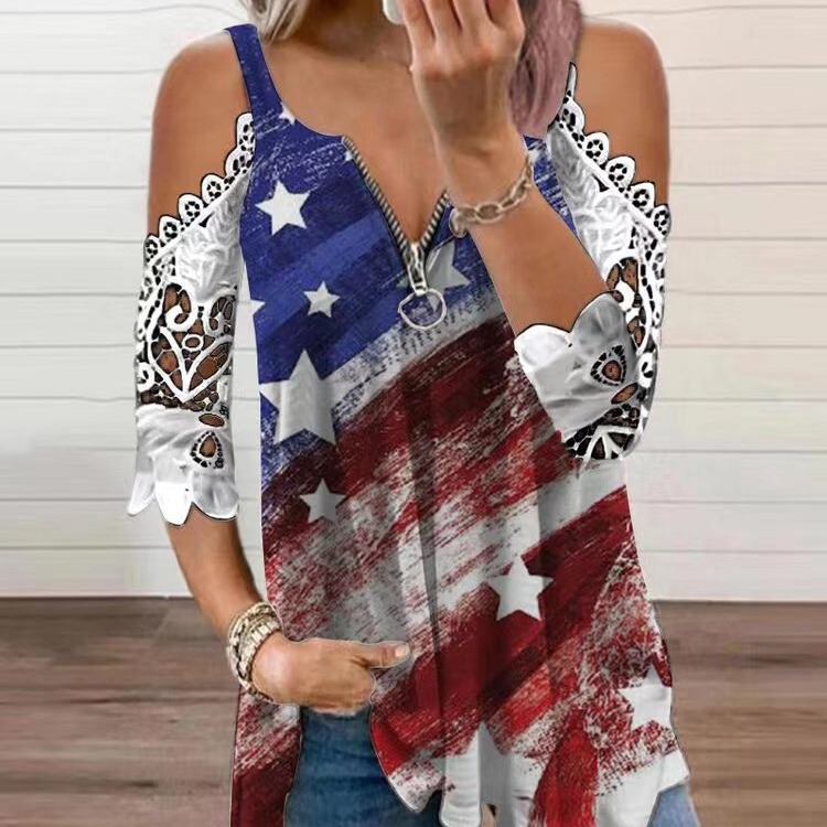 2025 Cross-Border New Spring and Summer Women's Clothing European and American Export Tops Suspenders Cut Out Lace Sleeves Knitted T-Shirts for Women