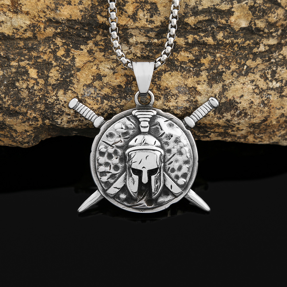 European American Retro Double-sword Embossed Single-sided Pendant, Spartan Warrior Mask And Shield Stainless Steel_voghion.com