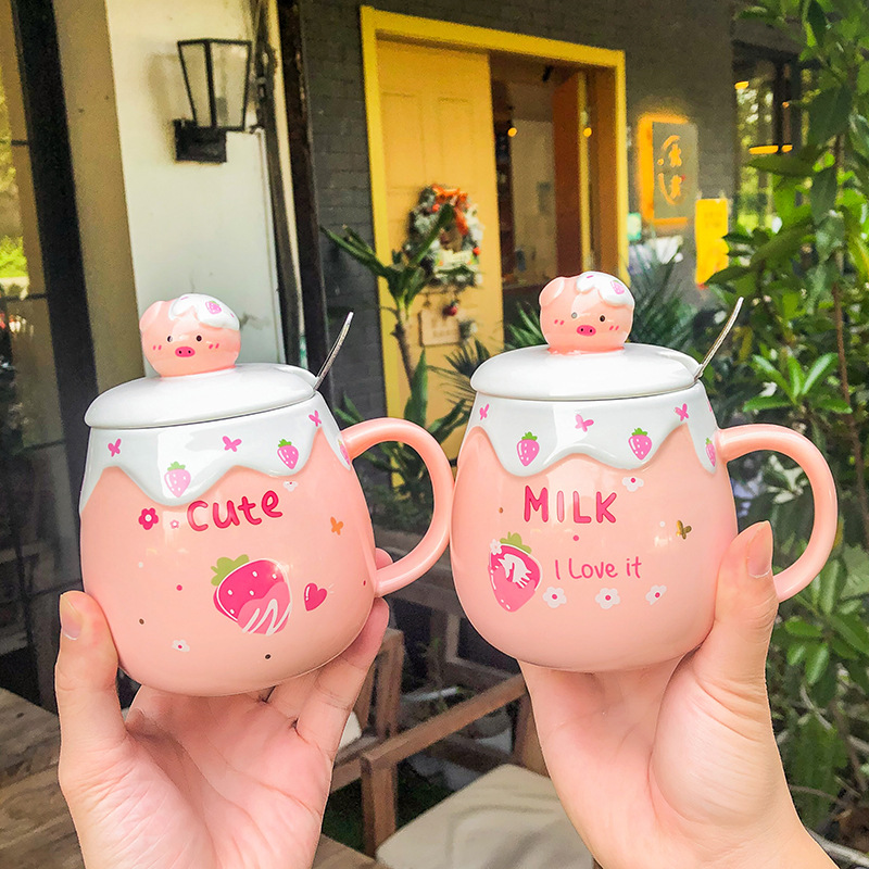 Japanese Cartoon Pig Belly Ceramic Cup Pink Girl Heart Cute Cup With Lid Office Creative Mug