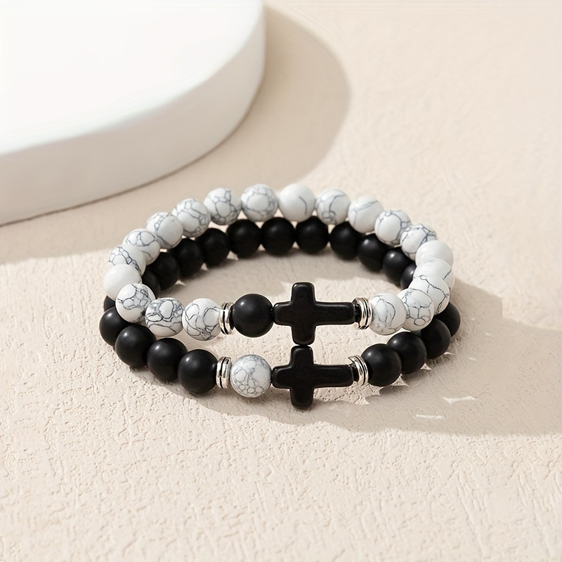 Cross-border supply design cross black and white couple bracelet suit ins niche stone bracelet manufacturers wholesale