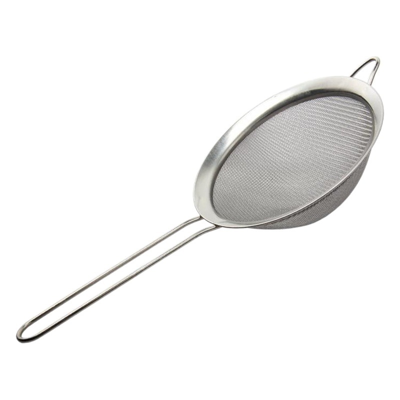 Tamiz de harina de acero inoxidable con cuchara de aceite espesada, colador de aceite con mango, colador de malla para el hogar de cocina.