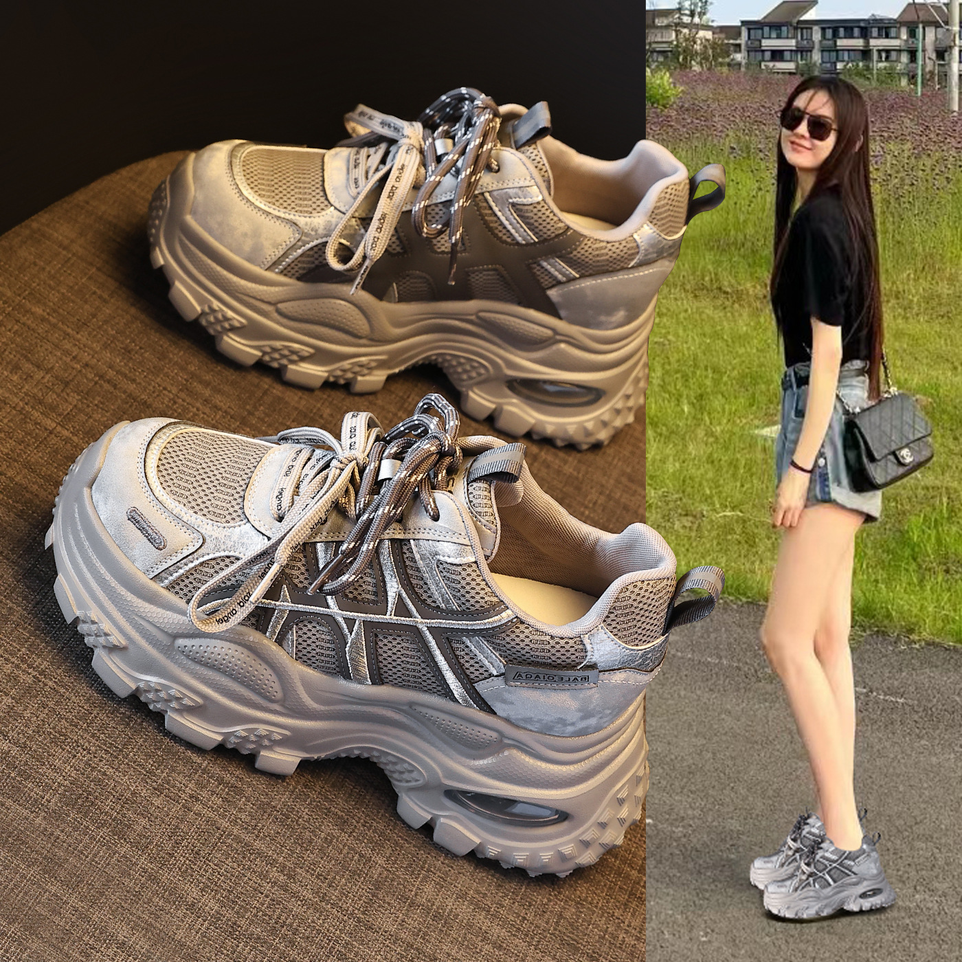 Giày sneaker nữ đế dày tăng chiều cao lưới thoáng khí — xám xanh
