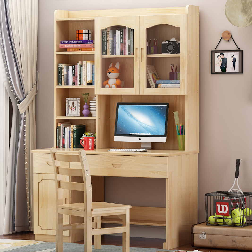 实木书桌书架一体书柜组合家用卧室儿童学生电脑台式学习桌写