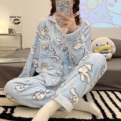 Pequeño conejito pijama de lana de coral para mujer traje de cárdigan de felpa de invierno estilo coreano dulce franela de dibujos animados ropa de hogar otoño