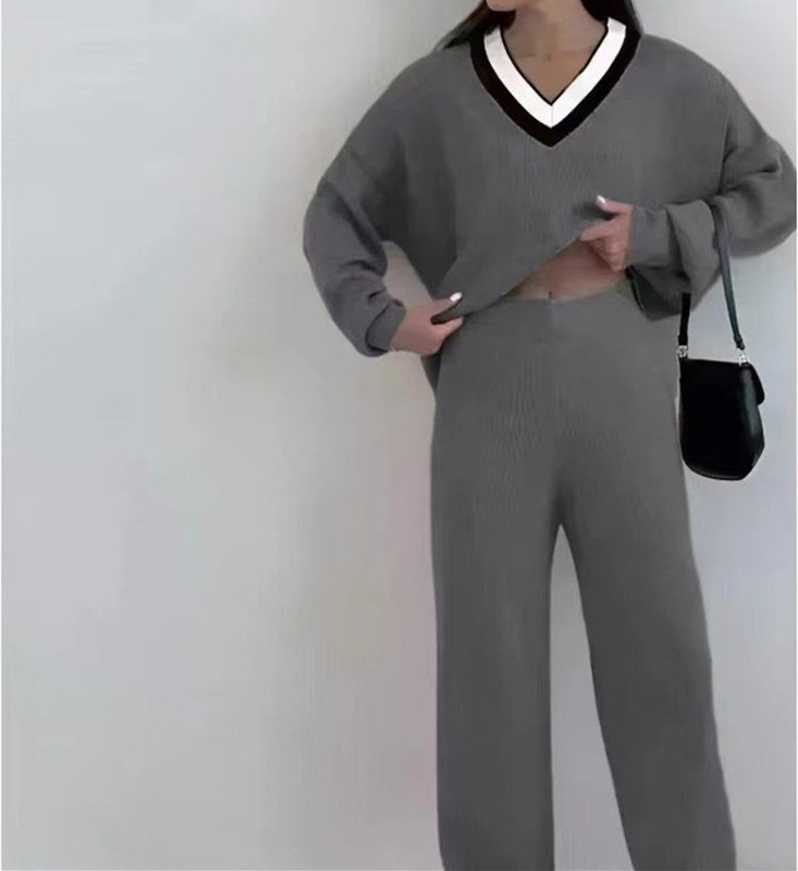 撞色V领毛衣+纯色阔腿裤两件套装女跨境秋冬新款宽松百搭针织套装|undefined