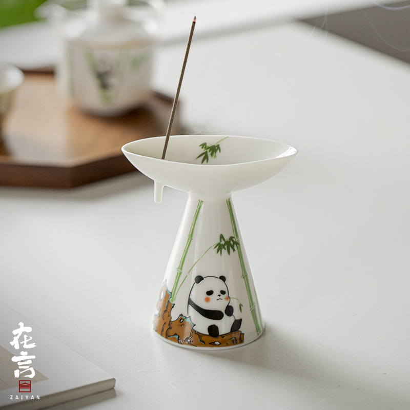 在言 熊猫 可爱陶瓷日式家用香插香炉香托线香侘寂风桌面摆件香道