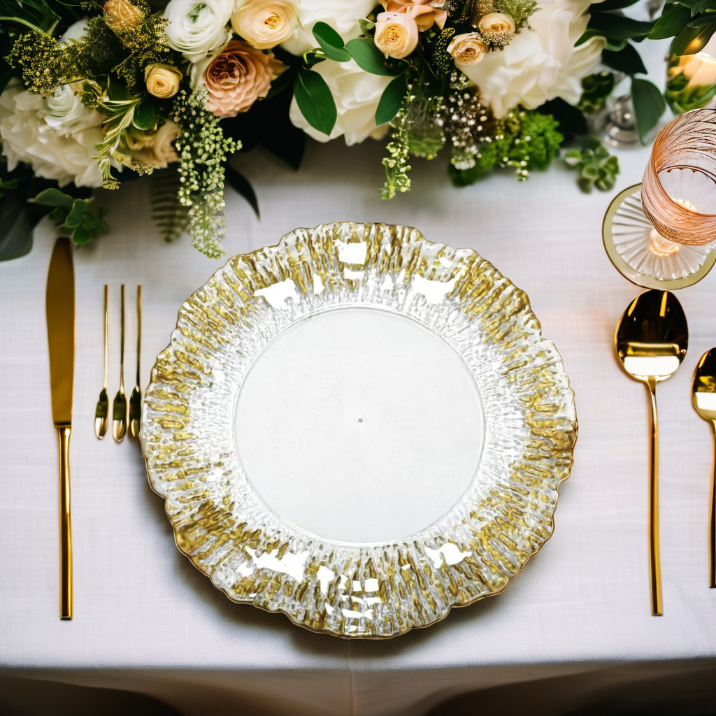 Placa de cargador flor de sol patrón de árbol cristal de plástico chapado en oro bandeja de frutas de plástico cojín de filete de alta calidad