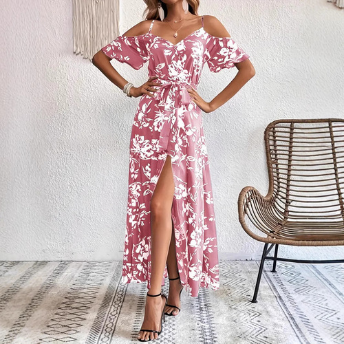 Women's Sexy Strapless Asymmetrical Long-Sleeve Floral Beach Dress