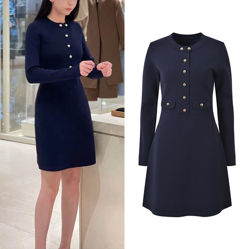 Early Spring New Collection Navy Blue Round Neck Long Sleeve Metal Button Elegant Waist Cinching Slimming Knit Dress
