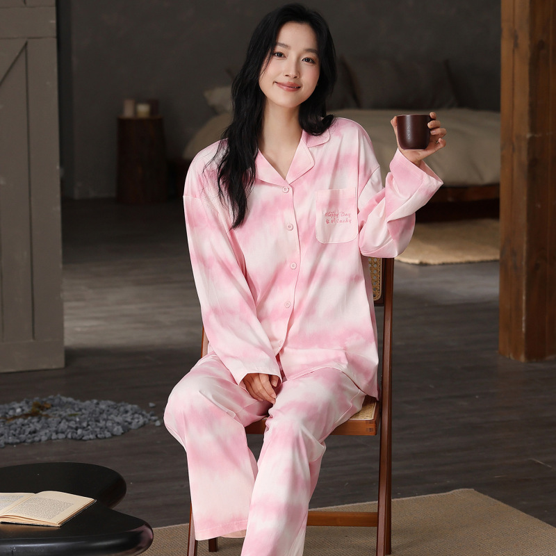 春秋新款睡衣女纯棉7A抗菌长袖长裤宽松开衫翻领家居服套装可外穿|undefined